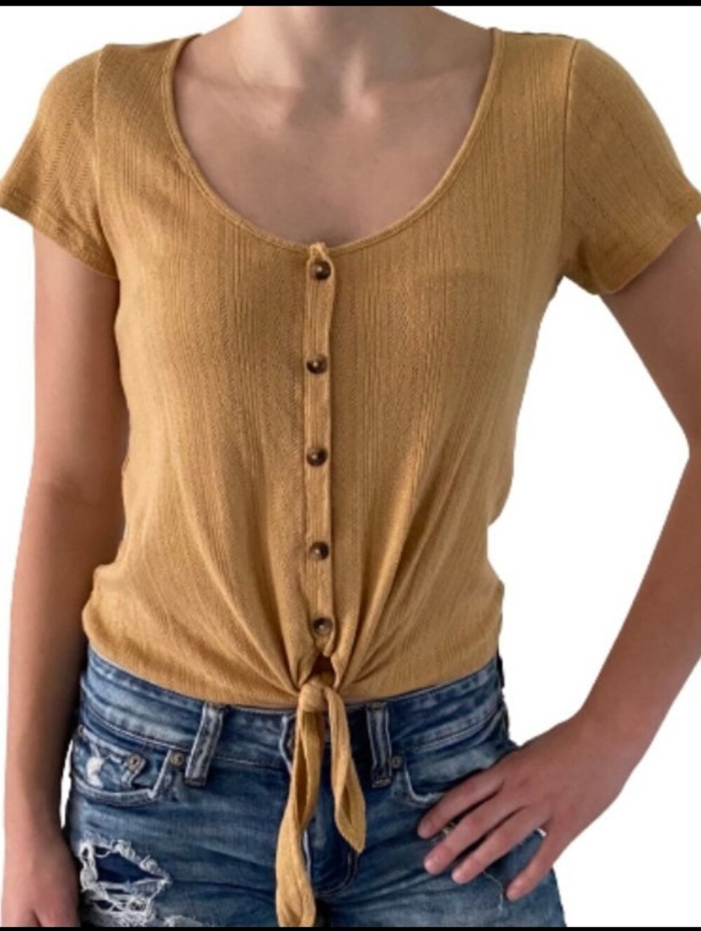 AE Mustard Yellow Button Tie-Front Rib Knit Crop Top, Size XL